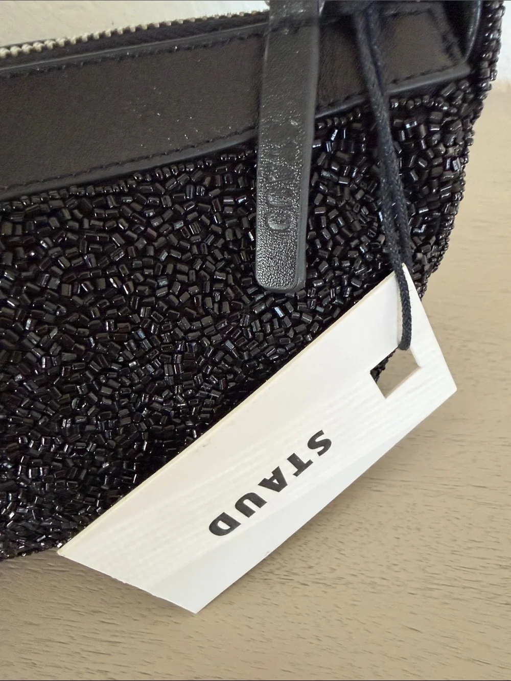 STAUD Black Beaded Shoulder Bag with Top Zip